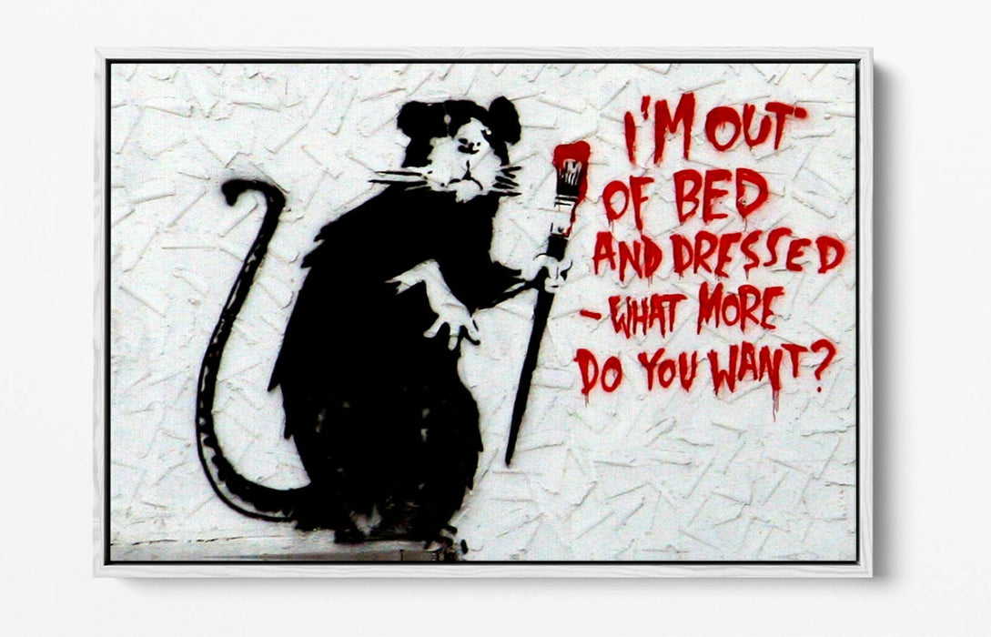 BANKSY OUT OF BED QUOTE -FLOAT EFFECT CANVAS WALL ART PIC PRINT- BLACK & WHITE