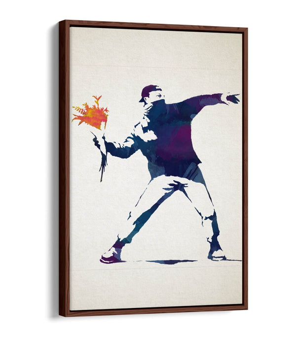 BANKSY, FLOWER THROWER WATERCOLOUR STYLE -FLOAT EFFECT CANVAS WALL ART PRINT