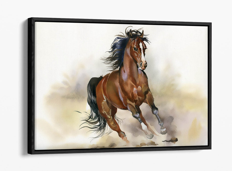 Horse Canvas Art – Majestic Running Brown Horse Watercolour Print on Float Effect Canvas