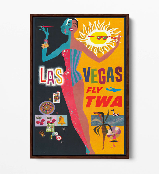 RETRO LAS VEGAS TRAVEL POSTER -FLOAT EFFECT CANVAS ART PRINT- YELLOW BLACK PINK