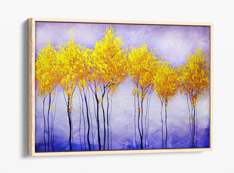 Canvas Wall Art - Abstract Colourful Gold Tree Landscape Print With Float Effect Frame