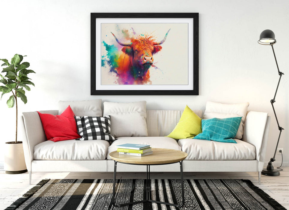 Highland Cow Art - Framed Wall Art With Colorful Watercolour Animal Print