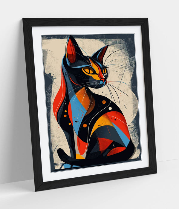 Abstract Cat Wall Art – Framed Blue Red Art, Contemporary Decor Poster Print