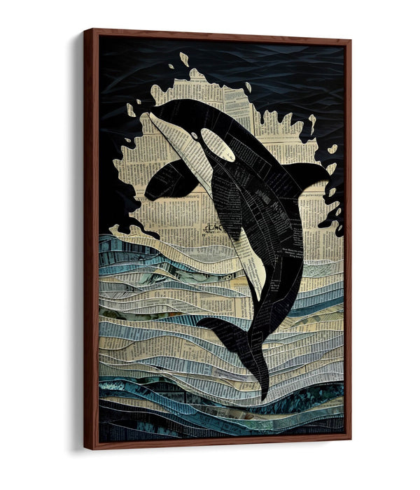 Orca Canvas Art – Jumping Whale Collage Print | Float Effect Wall Art