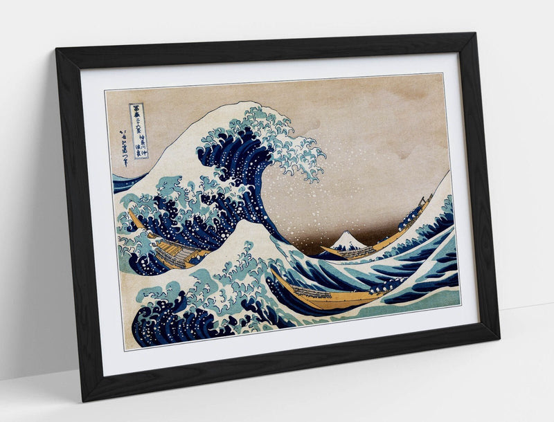 Hokusai Framed Art - Great Wave Print With Woodgrain Frame Style, Matte Paper Poster