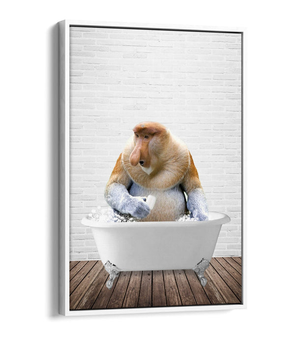 PROBISCUS MONKEY IN BATH -QUIRKY BATHROOM FLOAT EFFECT CANVAS WALL ART PRINT