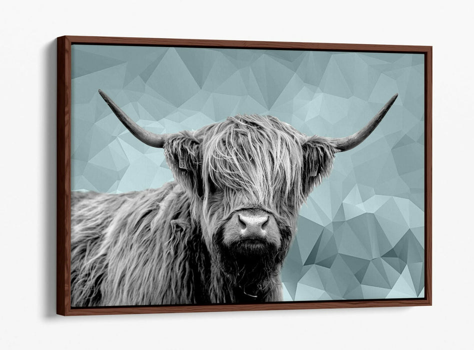 HIGHLAND COW DUCK EGG BLUE GEOMETRIC -FLOAT EFFECT CANVAS WALL ART PIC PRINT-