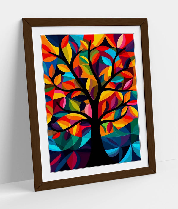 Framed Wall Art - Multi Colour Abstract Tree Print With Woodgrain Frame