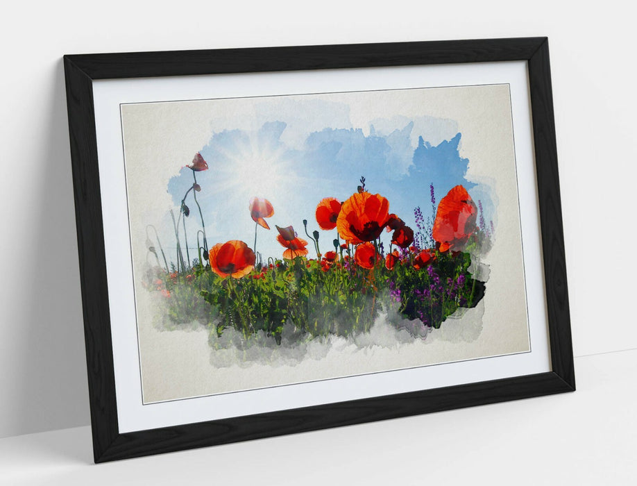 Framed Wall Art - Poppy Field Watercolour Painting With Natural Wood Frame