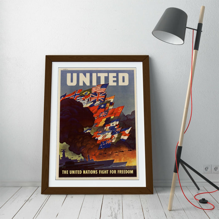 VINTAGE UNITED NATIONS FIGHT FOR FREEDOM POSTER -FRAMED WALL ART PICTURE PRINT