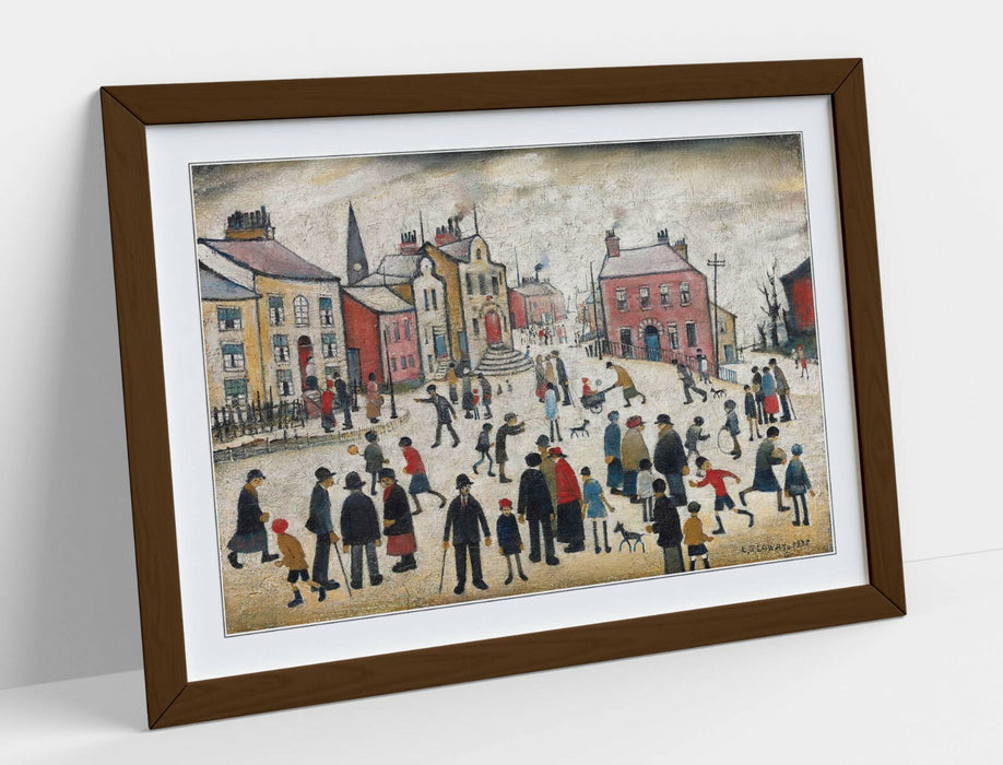 LS LOWRY, PEOPLE STANDING ABOUT -FRAMED POSTER WALL ART PRINT ARTWORK- BEIGE