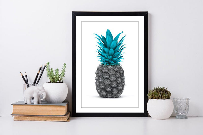 Framed Pineapple Poster – Teal Blue Wall Art With Wood Grain Frame & Good Fortune Decor