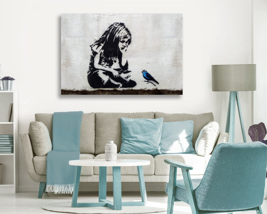 GIRL BLUE BIRD FRAMED CANVAS WALL ART PRINT ARTWORK GRAFFITI BANKSY STYLE