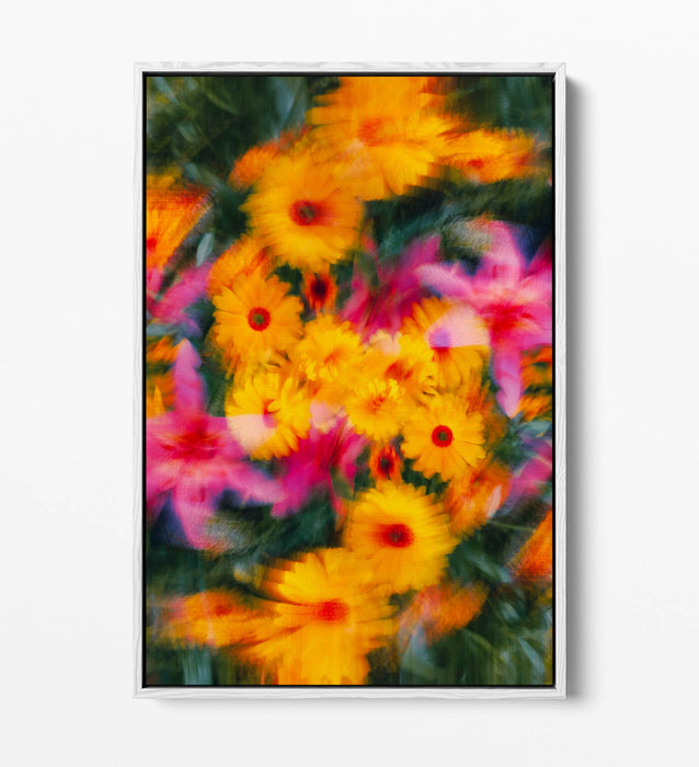 Float Effect Canvas Art - Colourful Blurred Yellow Pink Flowers on Premium MDF Frame