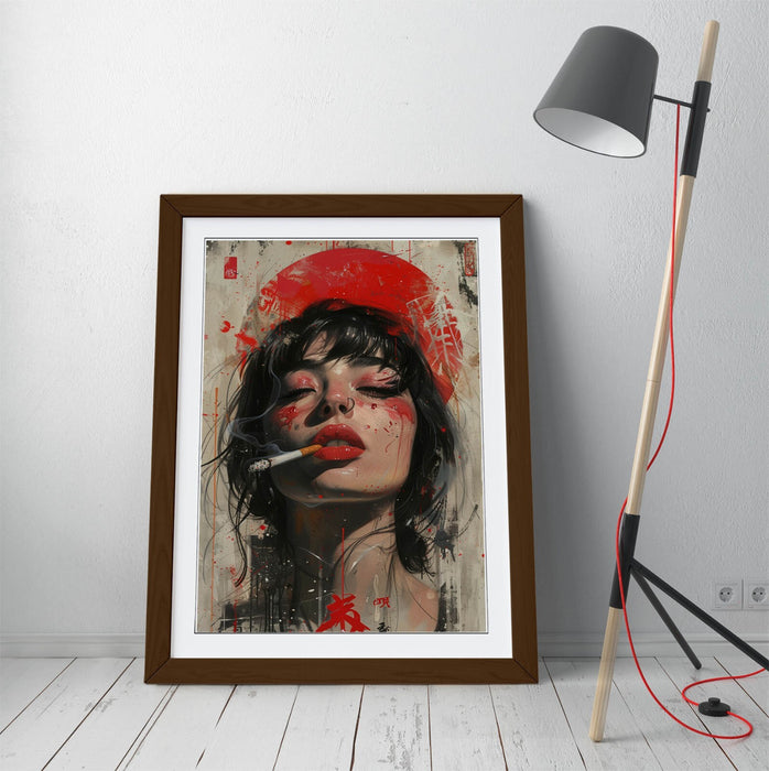 Framed Wall Art Poster - Portrait Of Pretty Woman Smoking Cigarette In Wood Grain Frame