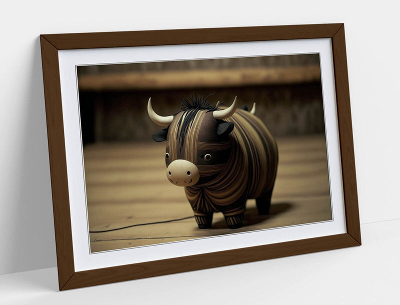 Wooden Highland Cow Art – Framed Wall Art With Wood Grain Frame | Rustic Animal Decor