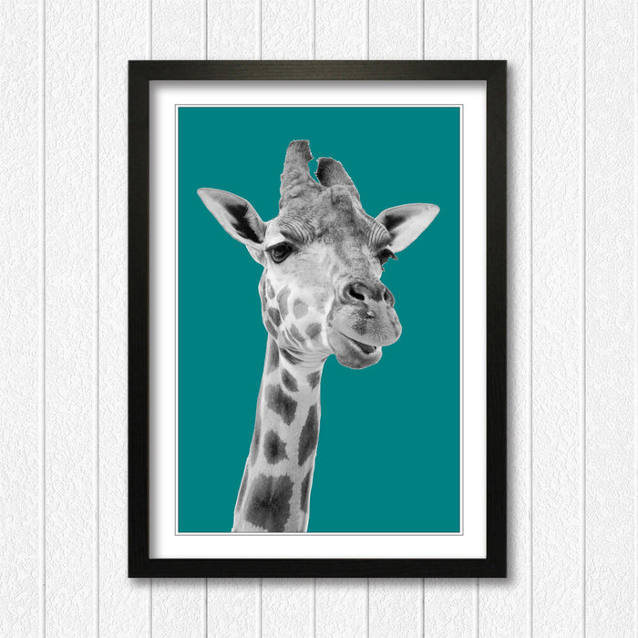 GIRAFFE BLACK AND WHITE TEAL FRAMED POSTER WALL ART PRINT ARTWORK DESIGN