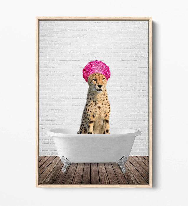 FUNNY CHEETAH IN BATHTUB -QUIRKY BATHROOM FLOAT EFFECT CANVAS WALL ART PIC PRINT