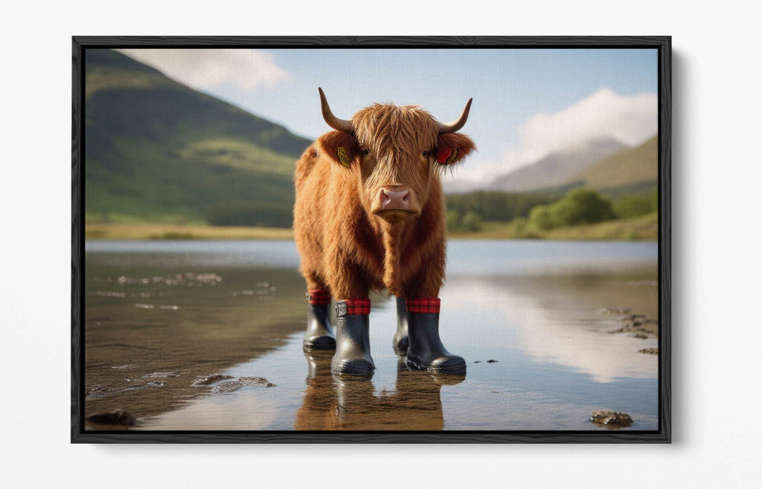 Canvas Wall Art - Funny Highland Cow Wearing Welly Boots | Float Effect Print