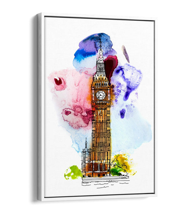 Canvas Wall Art – Big Ben London Watercolour Splash With Float Effect Frame
