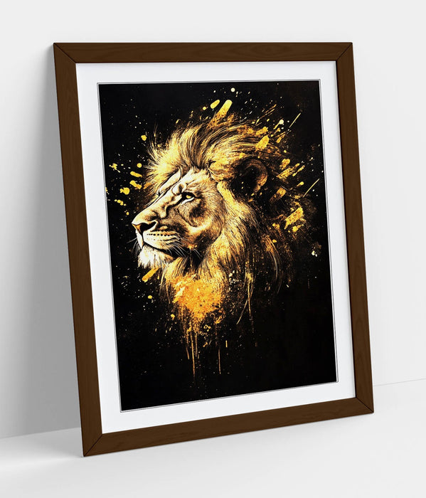 Lion Head Wall Art – Abstract Gold Splash Poster With Faux Wood Frame