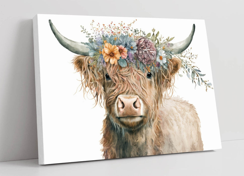 Highland Cow Canvas – Handmade Premium Canvas Wall Art With Flower Crown Decor