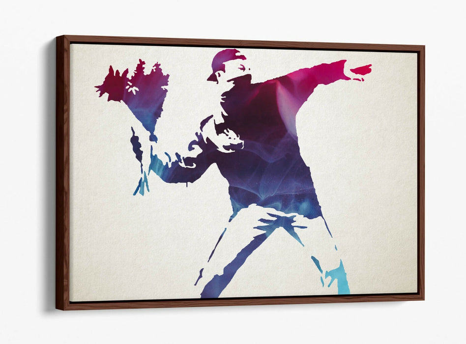 BANKSY, FLOWER THROWER PURPLE -FLOAT EFFECT CANVAS WALL ART PRINT