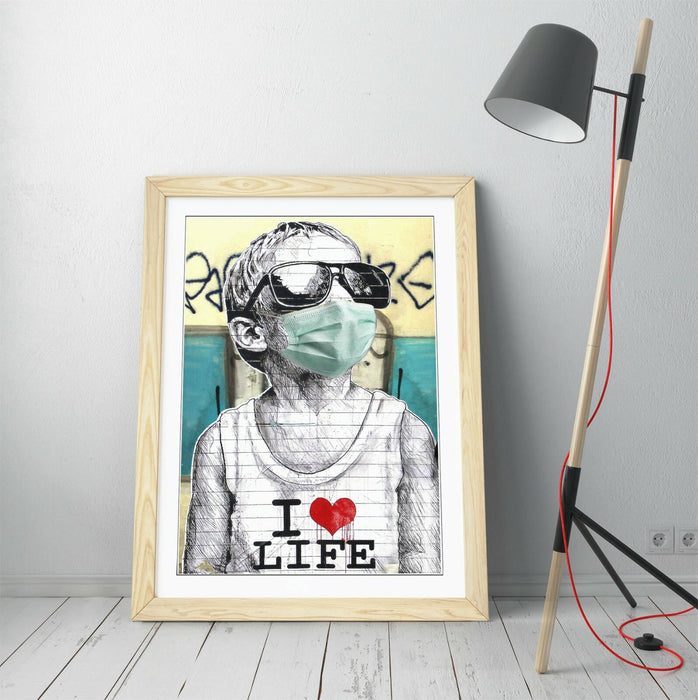 BANKSY I HEART LIFE BOY MASK -FRAMED POSTER WALL ART PRINT ARTWORK- BLUE GREY