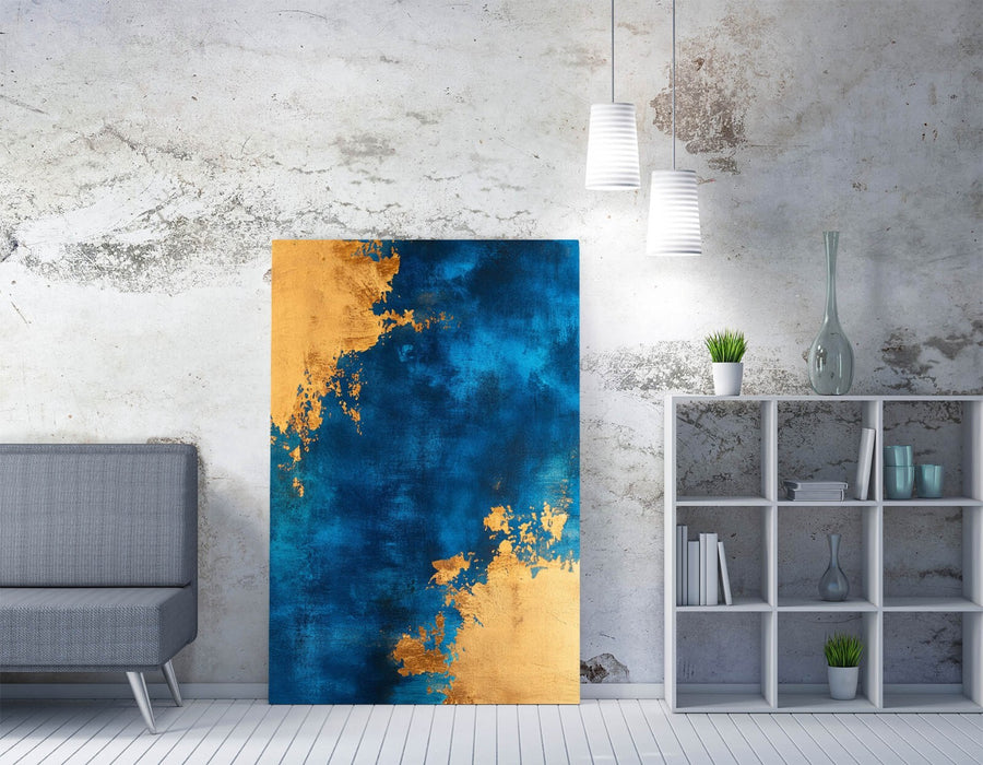 Canvas Wall Art – Blue Gold Abstract Canvas Art on MDF Frame, Ready to Hang