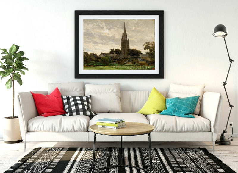 Framed Art Print - Church Tower Artwork With Wood Grain Frame | Handmade UK Art