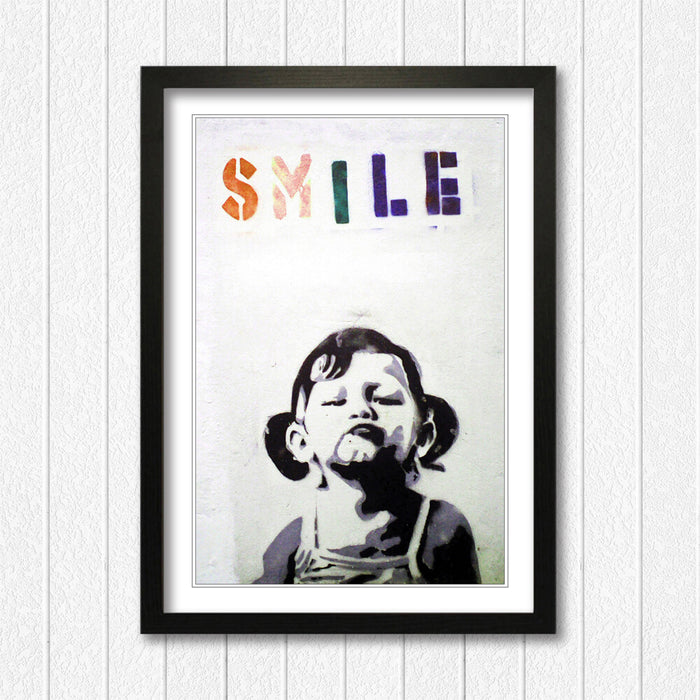 Banksy Smile Kid Poster - Framed Art Print With Woodgrain Frame Design