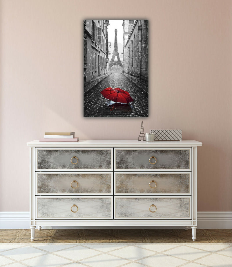 Paris Umbrella Canvas - Handmade Red Black White Art | Premium Varnish Finish
