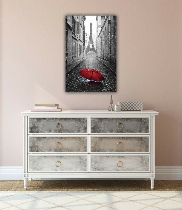 Paris Umbrella Canvas - Handmade Red Black White Art | Premium Varnish Finish