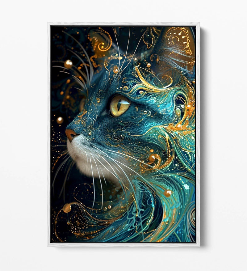 Canvas Wall Art | Handmade Blue Gold Cat Float Effect Print – Ready To Hang Contemporary Decor