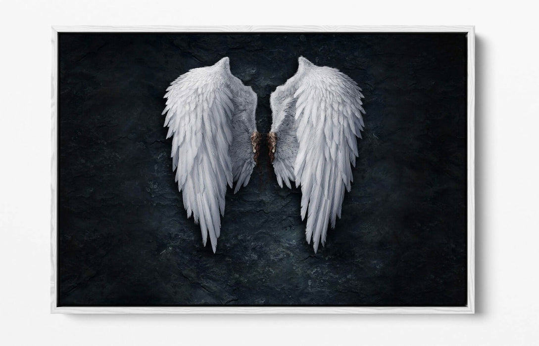 BROKEN FALLEN ANGEL WINGS WHITE -FLOAT EFFECT CANVAS WALL ART PIC PRINT- BLACK