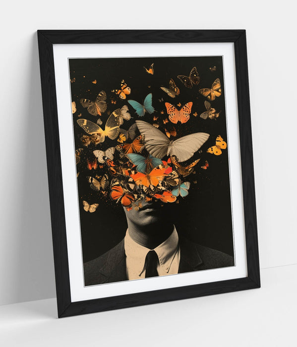 Framed Wall Art - Contemporary Man Portrait Poster with Butterflies | Handmade UK Frame