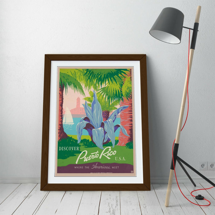 RETRO PUERTO RICO TRAVEL POSTER -FRAMED WALL ART PICTURE PRINT- BLUE PINK
