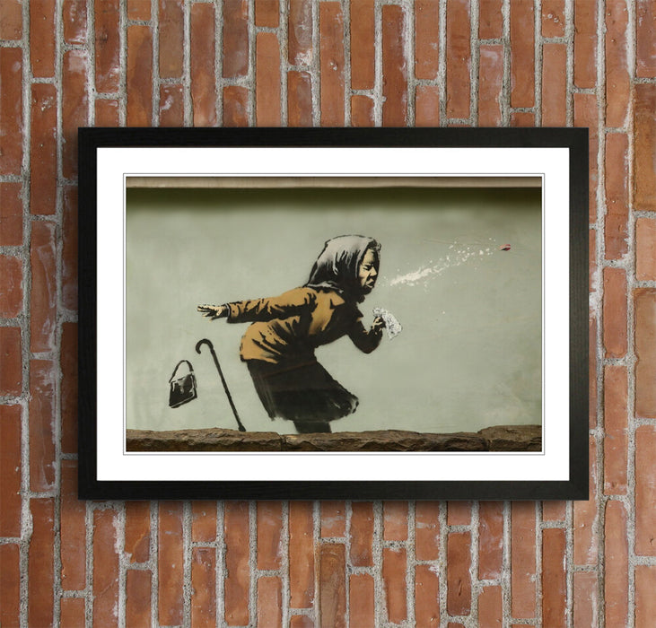Banksy Framed Poster – Handmade Urban Street Art Print with Woodgrain Frame