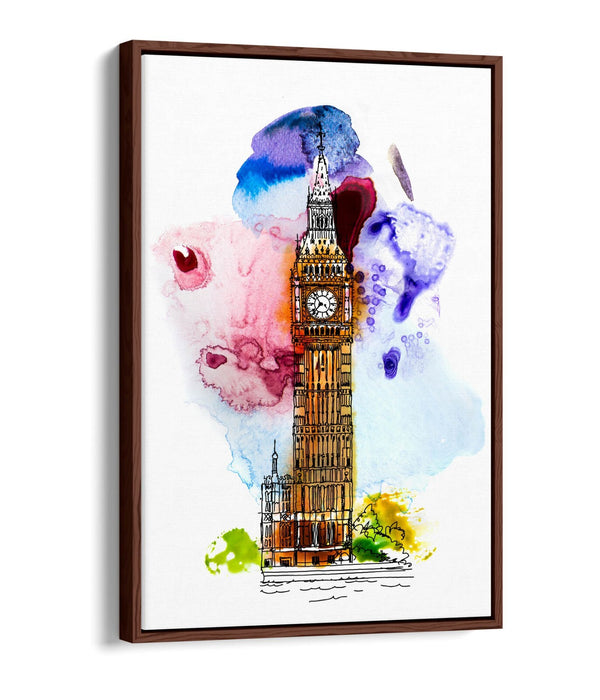 Canvas Wall Art – Big Ben London Watercolour Splash With Float Effect Frame