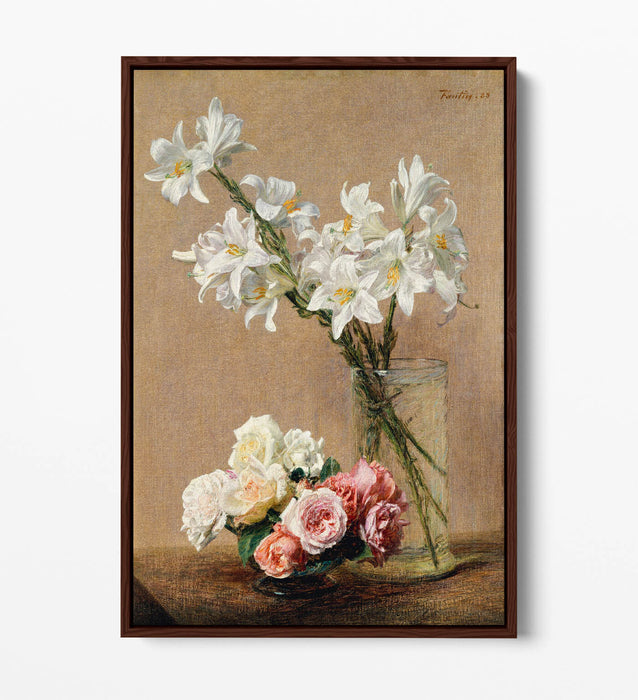 Float Effect Canvas Art - Henri Fantin-Latour Roses And Lilies Print On Premium Frame