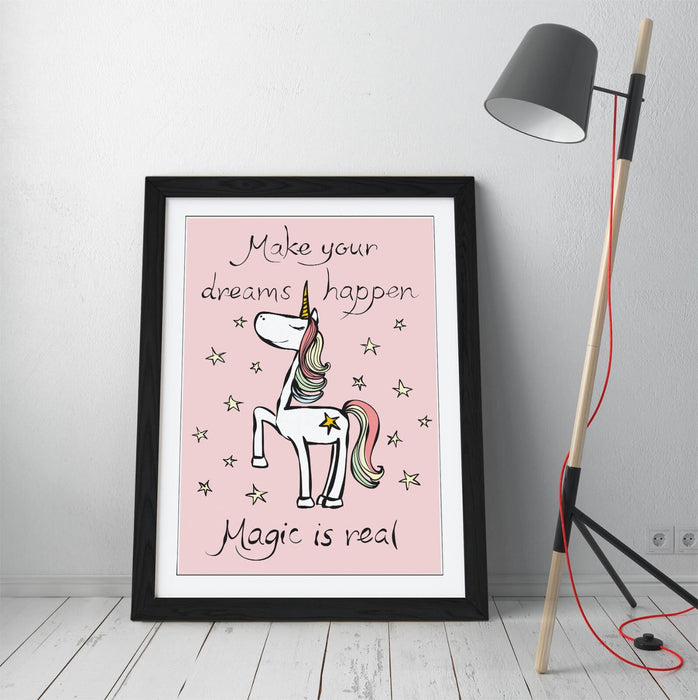 Pink Unicorn Poster - Cute Kids Wall Art | Framed Art Print With Matte Paper
