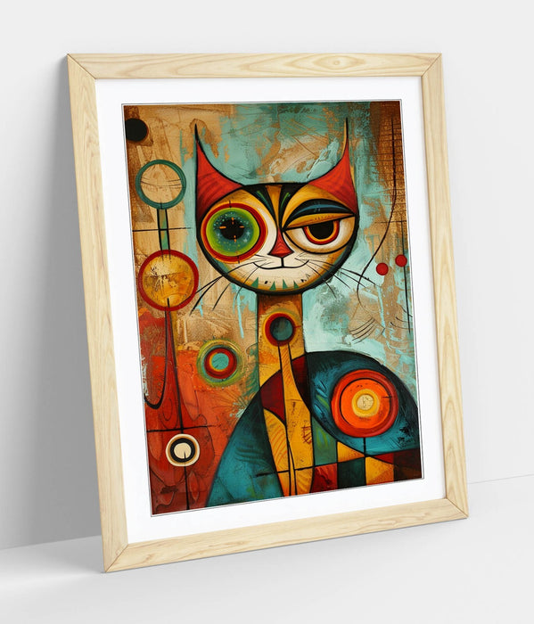 Framed Wall Art - Cool Cat Abstract Wall Decor With Woodgrain Frame Print