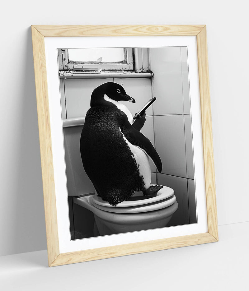 Funny Penguin Wall Art - Framed Poster Print With Toilet Humor For Bathroom Decor
