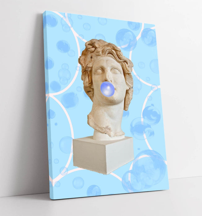 GREEK BUST STATUE BLOWING BLUE BUBBLEGUM -CANVAS WALL ART ARTWORK PRINT