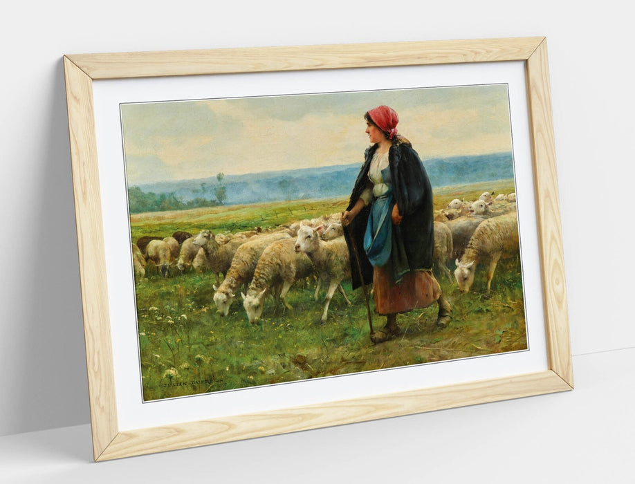 Framed Wall Art - Julien Dupre A Shepherdess Painting | Rustic Wood Frame, Ready To Hang