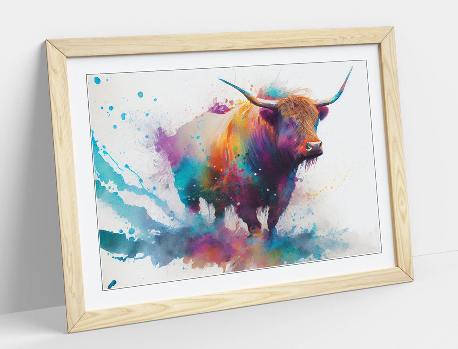 Highland Cow Wall Art – Framed Watercolour Animal Print with MDF Wood Frame