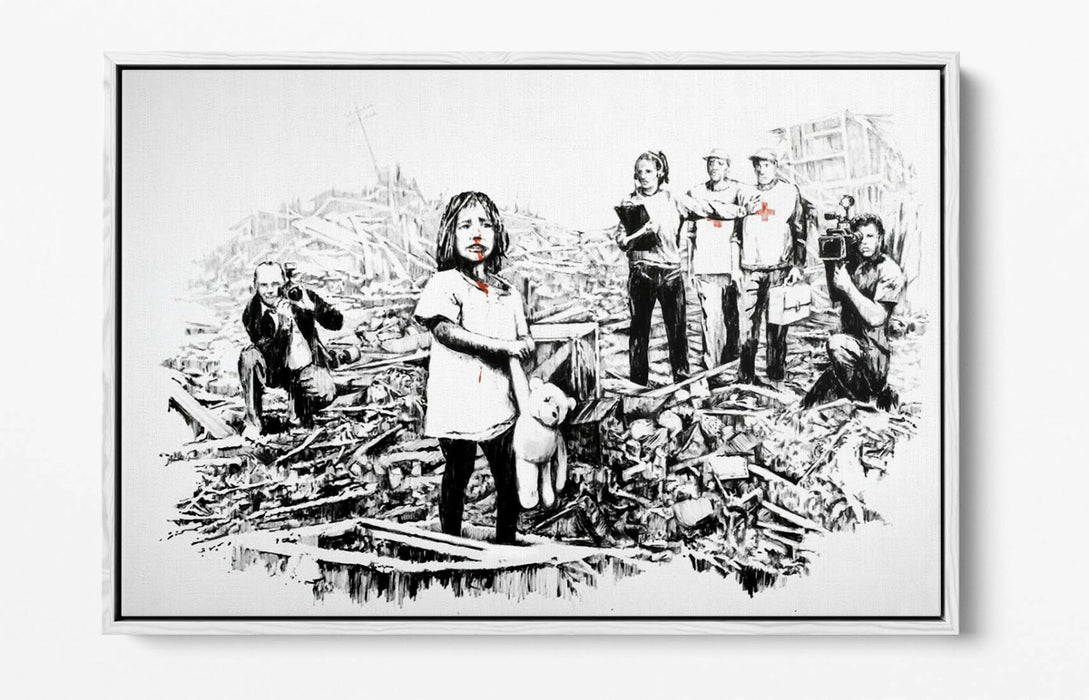 BANKSY MEDIA -FLOAT EFFECT CANVAS WALL ART PIC PRINT- BLACK & WHITE