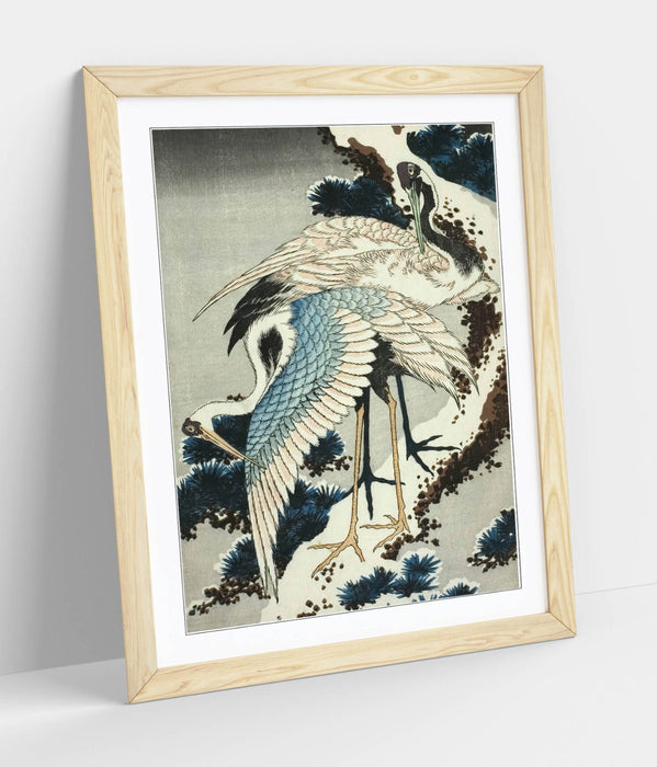 Framed Art Poster – Katsushika Hokusai Cranes On Snow Covered Pine Print – Woodgrain Frame