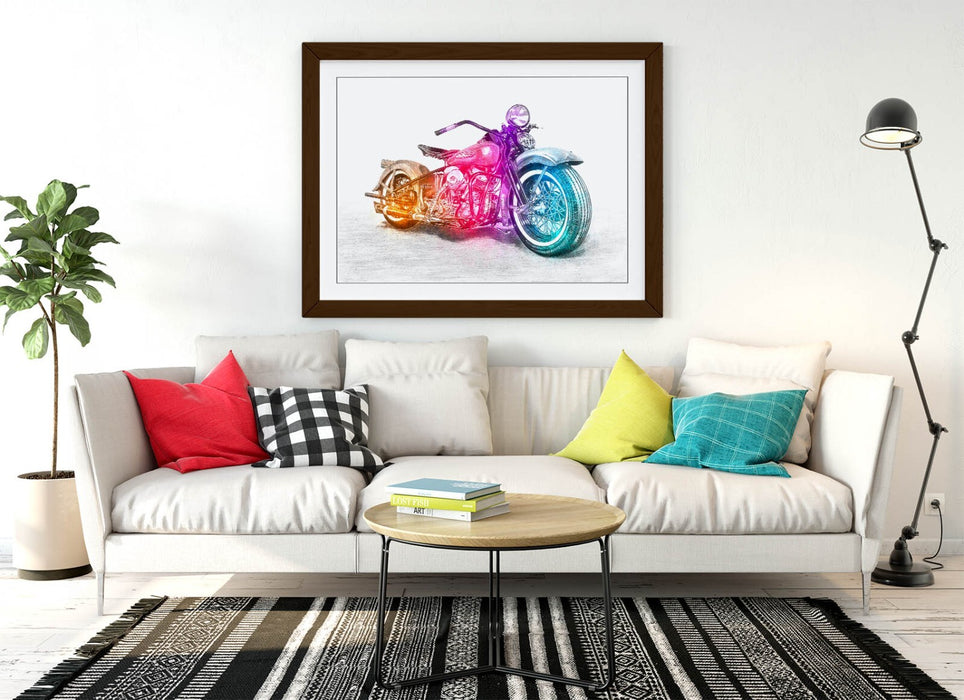 Motorcycle Art Poster – Framed Wall Art With Woodgrain Frame Finish | Handmade Print