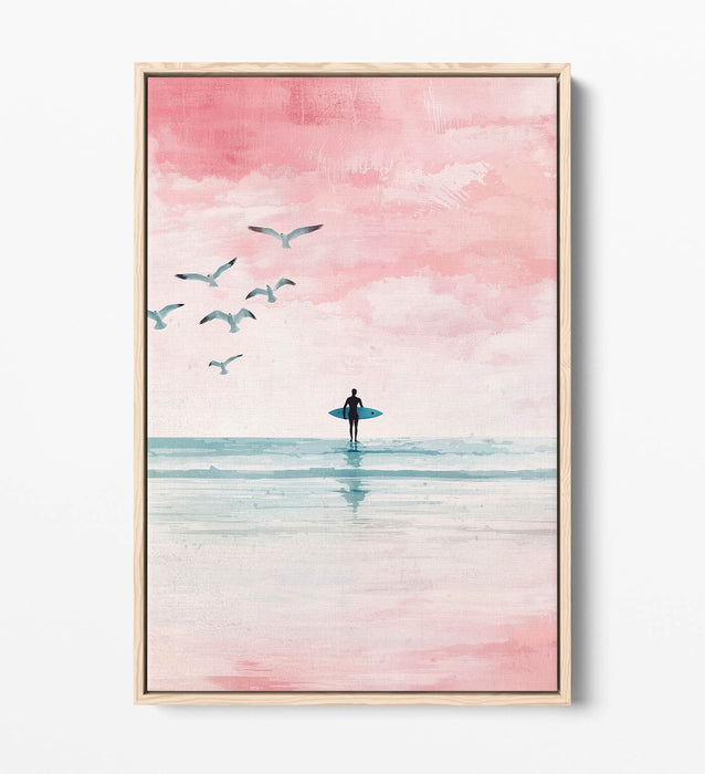 Canvas Wall Art – Minimalist Silhouette Surfer Pink Beach Float Effect Print